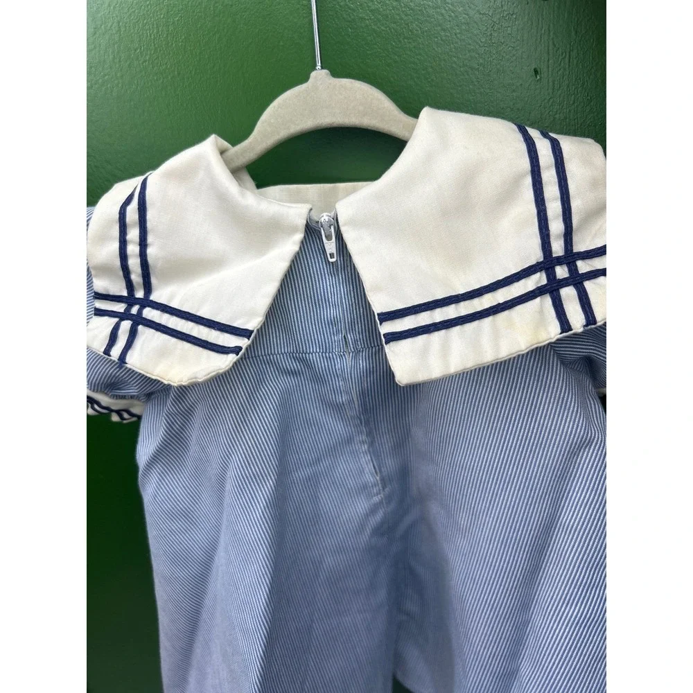 Vintage Toddle Time JCPenney Blue White Pinstripe Sailor Dress Star Size 1